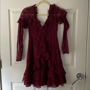Maroon ruffley dress.